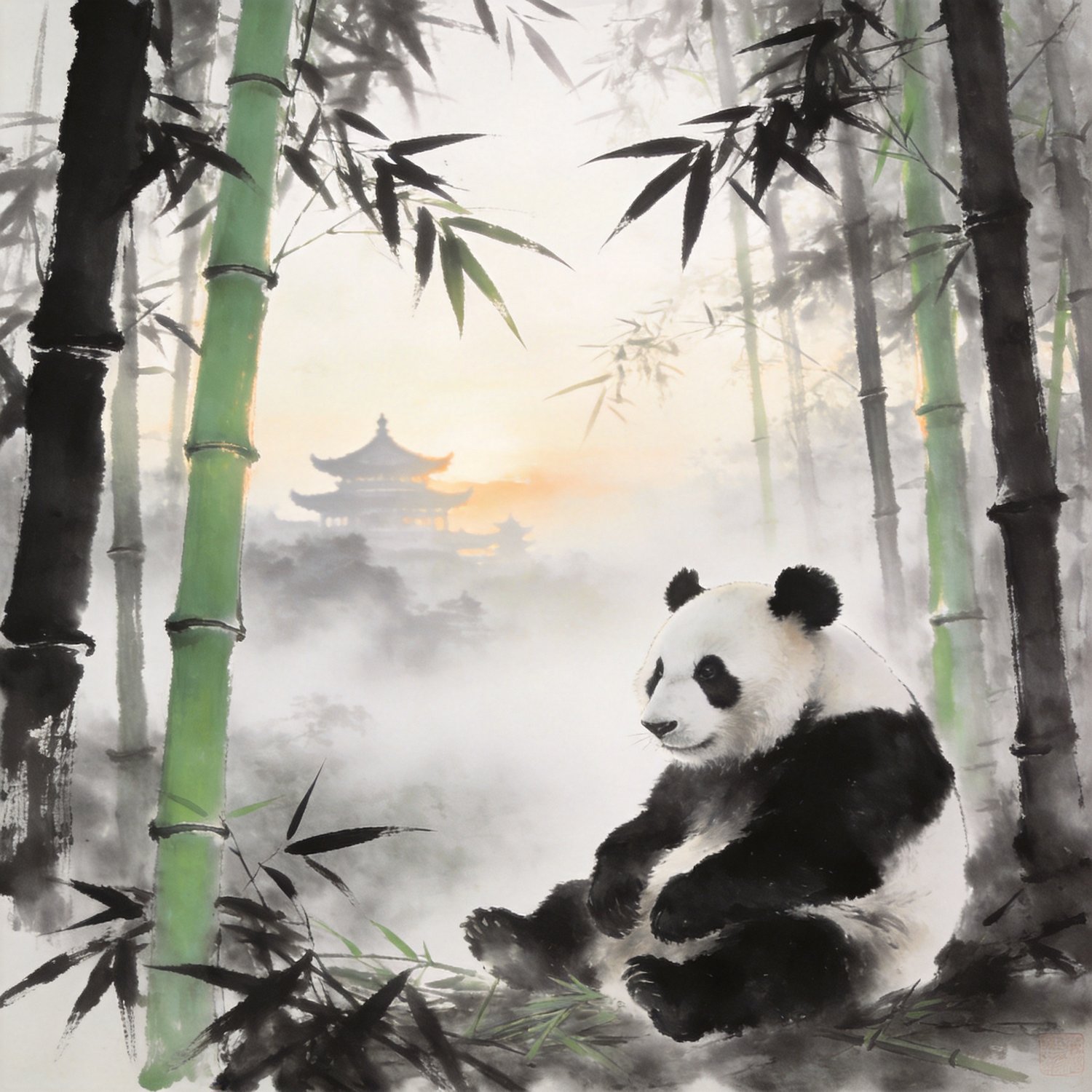 Panda in bamboo forest at dawn